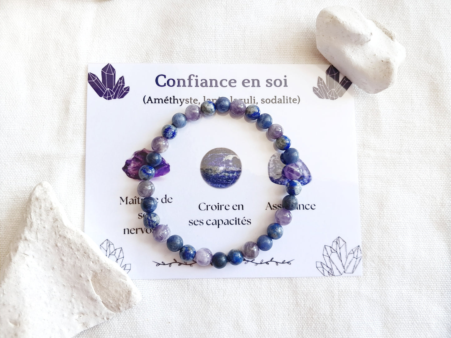 Bracelet lithothérapie "Confiance en soi" en améthyste, lapis-lazuli, sodalite