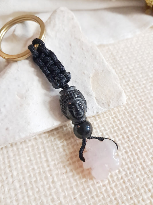 Porte-clés tête de Bouddha et fleur en quartz rose