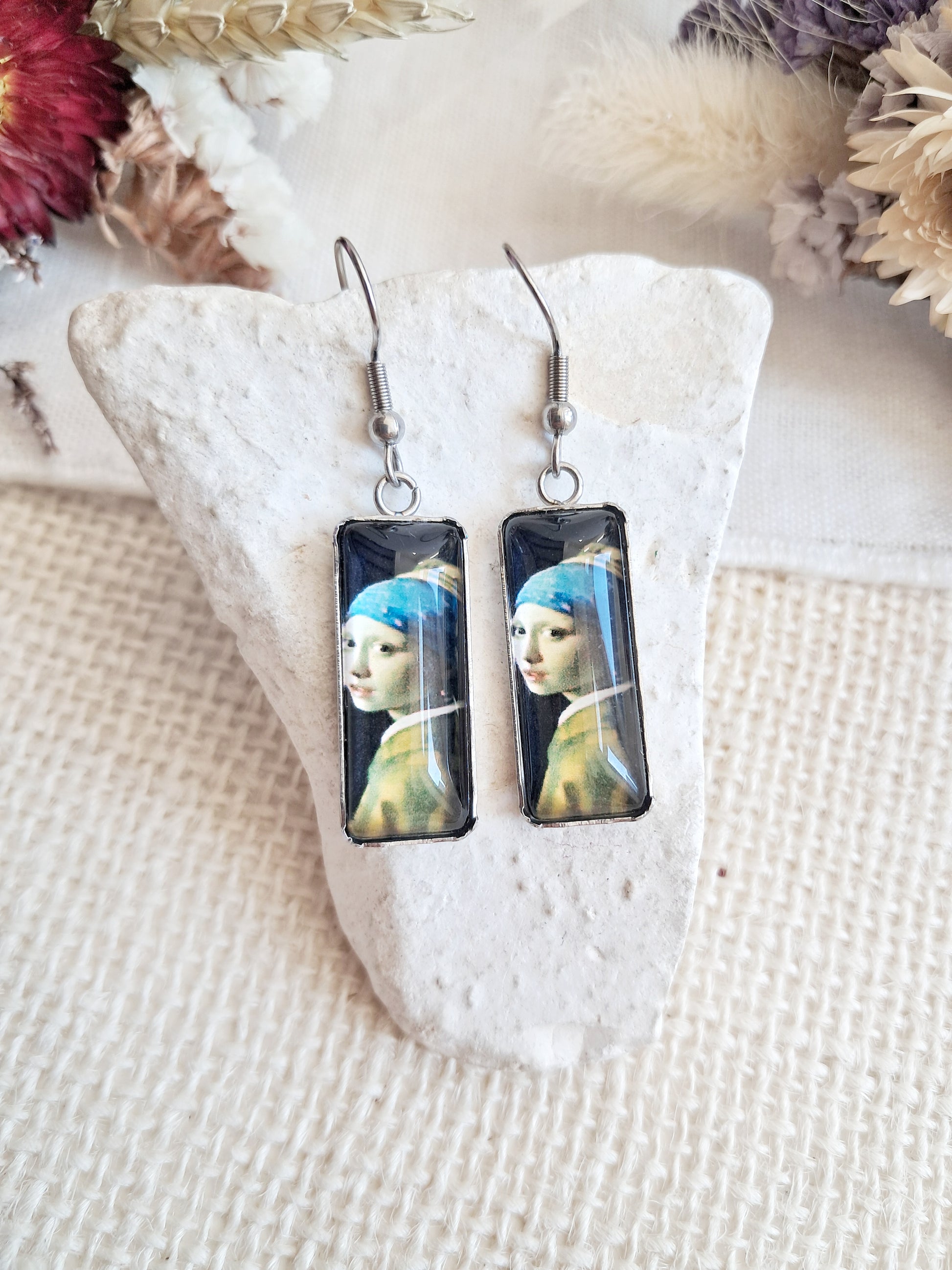 Boucles d'oreilles rectangulaires "La jeune fille à la perle" de Vermeer